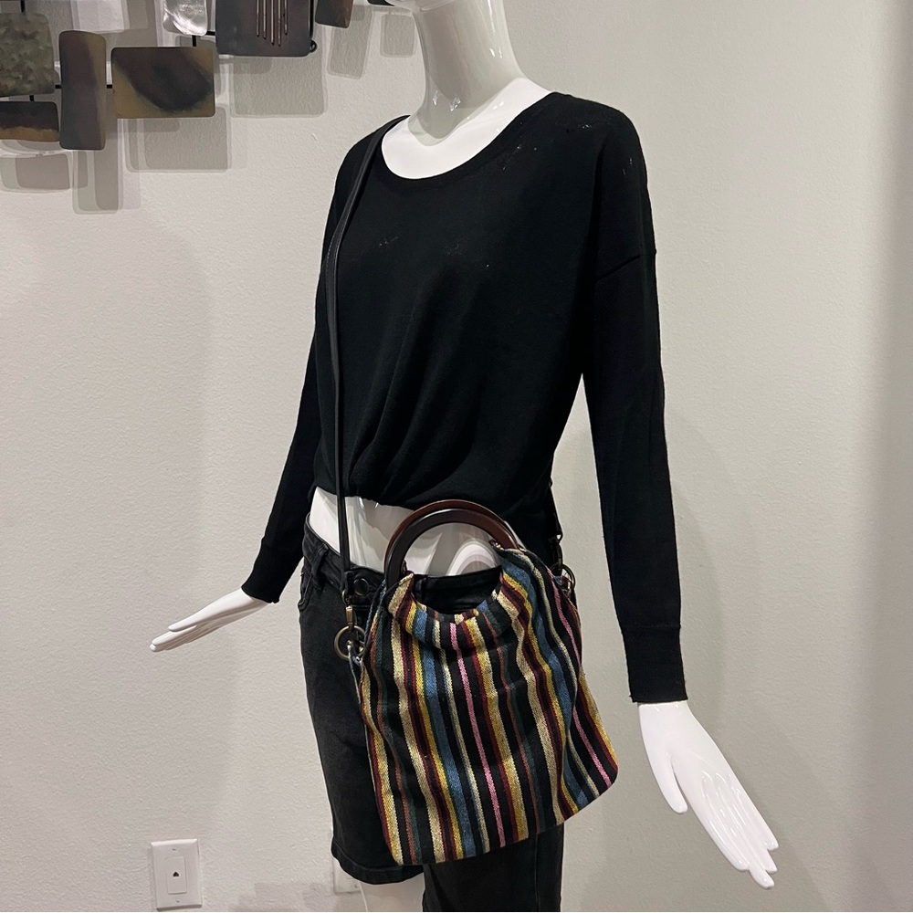 Rainbow Stripes Purse Crossbody Hand Bag Fold Over Wood Handles Woven Fabric
